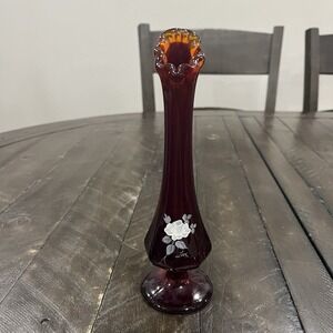 Vtg FENTON Ruby Red Glass Bud Vase Swung Hand Painted Signed 8" Floral Sticker